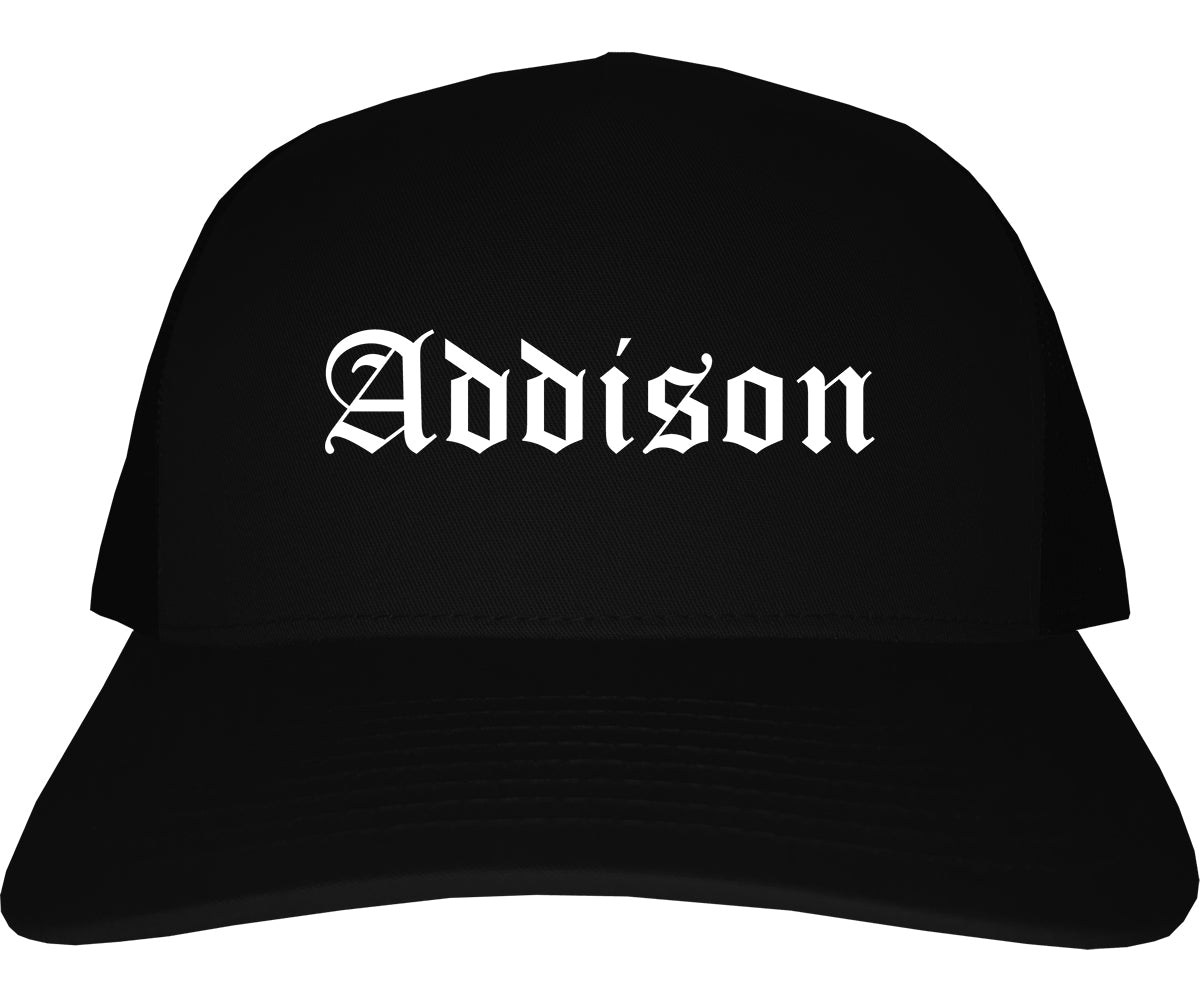 Addison Illinois IL Old English Mens Trucker Hat Cap Black