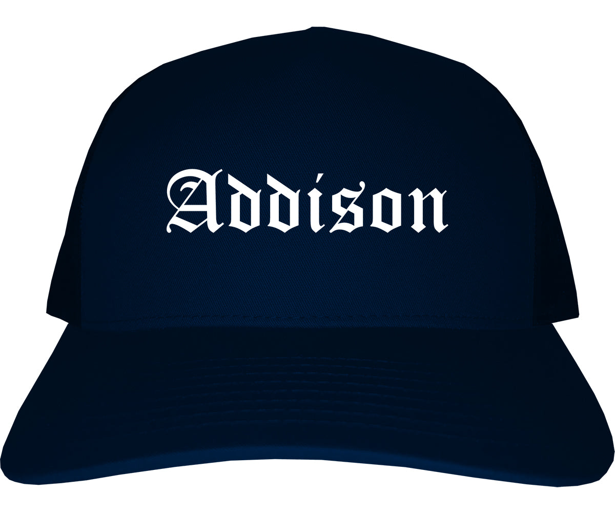 Addison Illinois IL Old English Mens Trucker Hat Cap Navy Blue