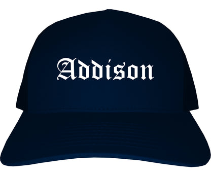 Addison Illinois IL Old English Mens Trucker Hat Cap Navy Blue