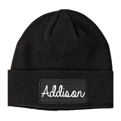 Addison Texas TX Script Mens Knit Beanie Hat Cap Black