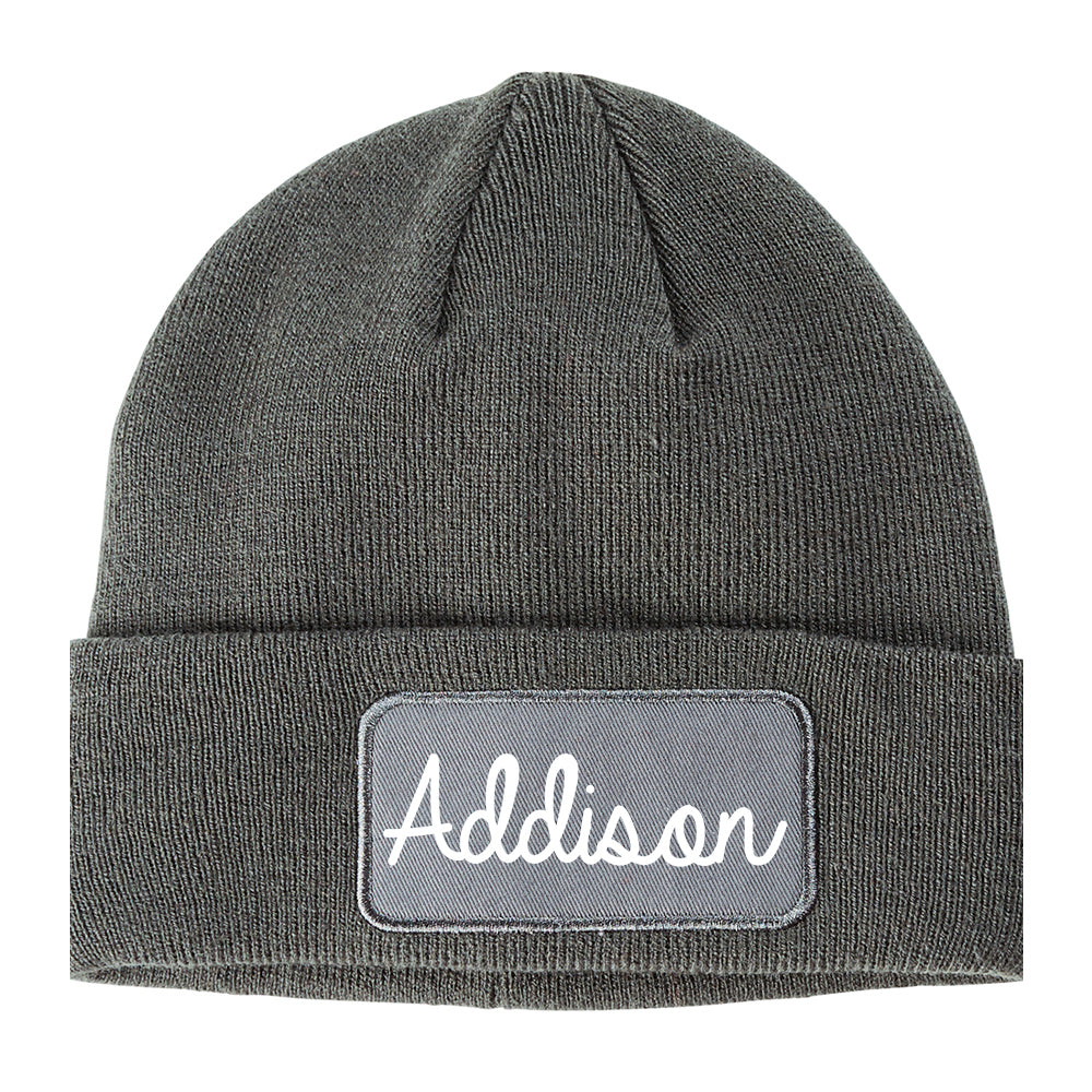 Addison Texas TX Script Mens Knit Beanie Hat Cap Grey