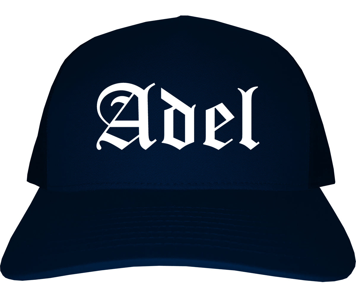 Adel Iowa IA Old English Mens Trucker Hat Cap Navy Blue