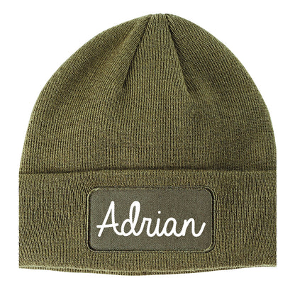 Adrian Michigan MI Script Mens Knit Beanie Hat Cap Olive Green