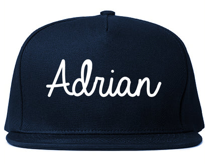 Adrian Michigan MI Script Mens Snapback Hat Navy Blue