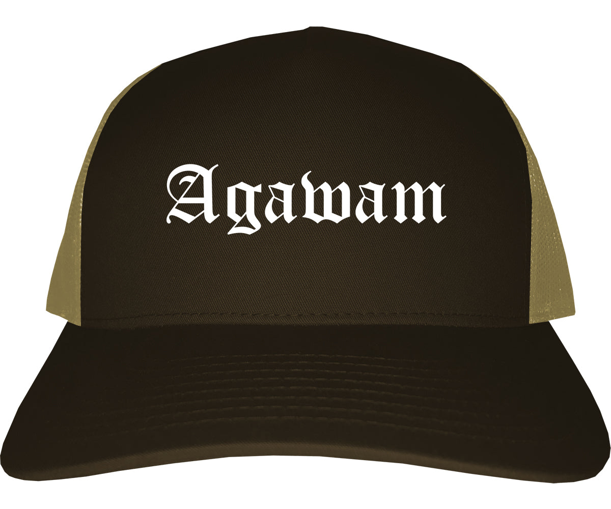 Agawam Massachusetts MA Old English Mens Trucker Hat Cap Brown