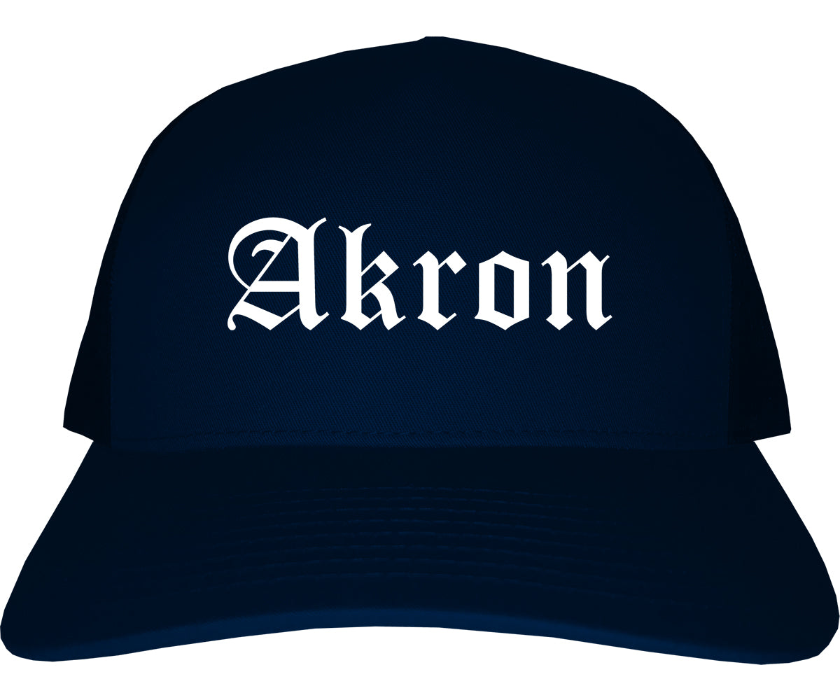 Akron Ohio OH Old English Mens Trucker Hat Cap Navy Blue