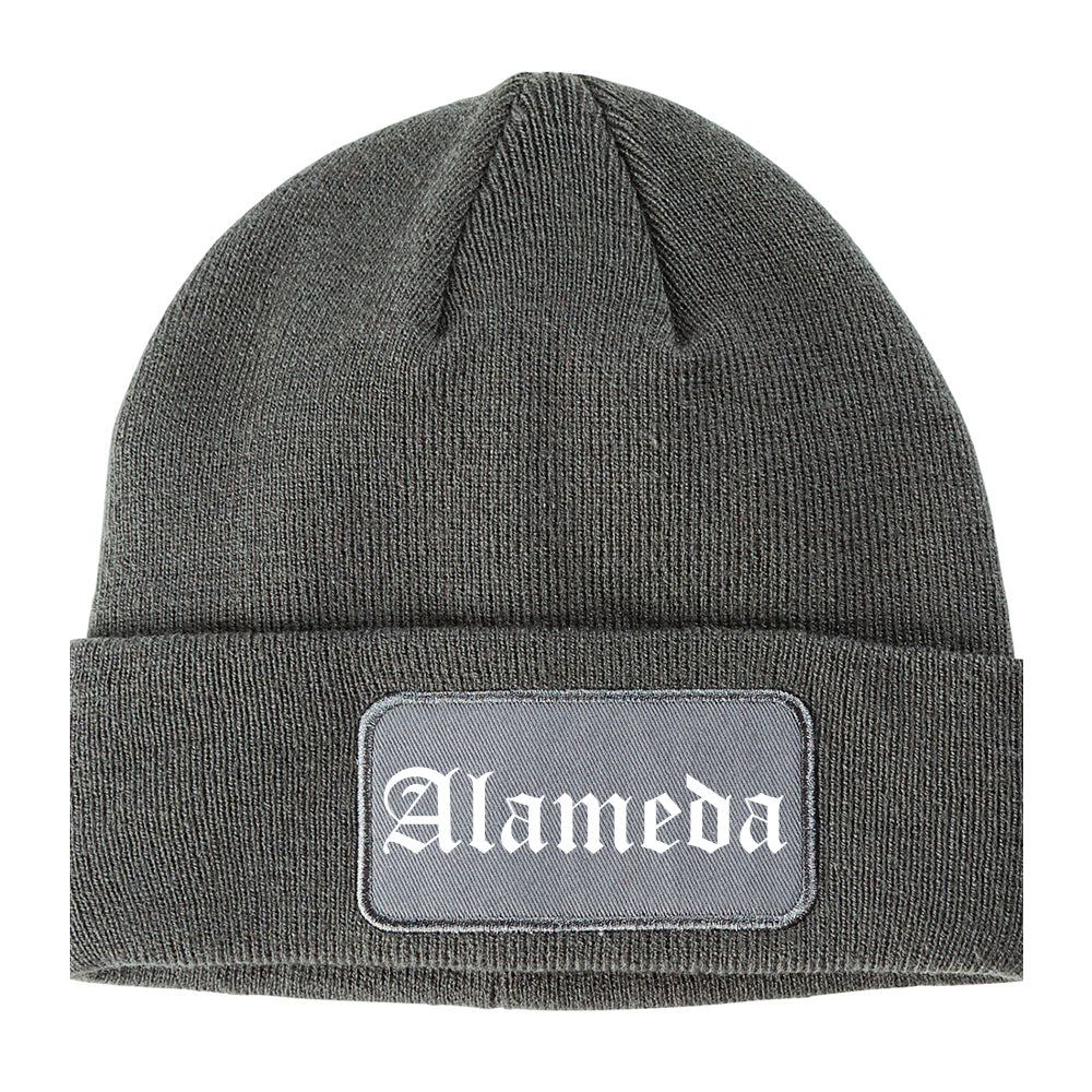 Alameda California CA Old English Mens Knit Beanie Hat Cap Grey