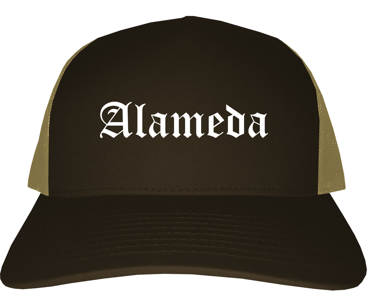 Alameda California CA Old English Mens Trucker Hat Cap Brown