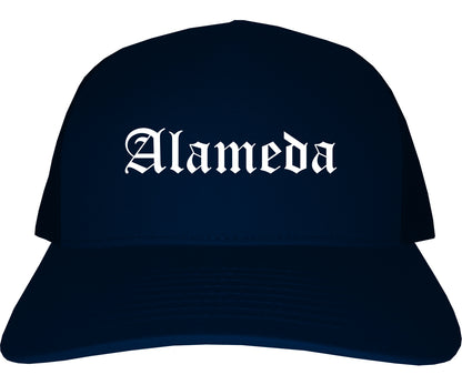 Alameda California CA Old English Mens Trucker Hat Cap Navy Blue