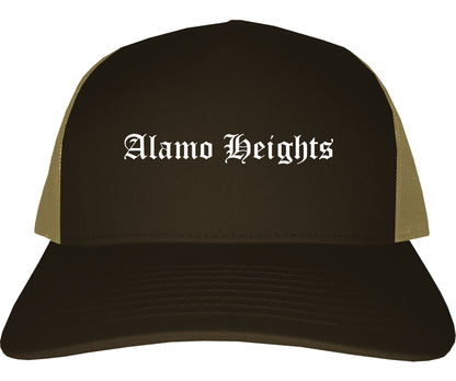 Alamo Heights Texas TX Old English Mens Trucker Hat Cap Brown