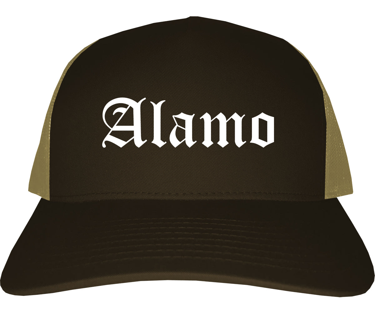 Alamo Texas TX Old English Mens Trucker Hat Cap Brown