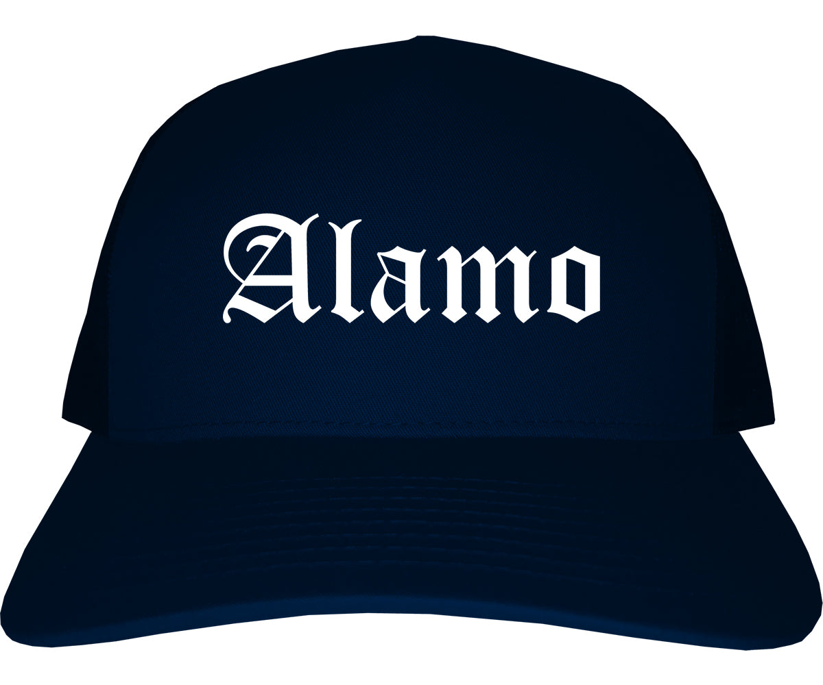 Alamo Texas TX Old English Mens Trucker Hat Cap Navy Blue