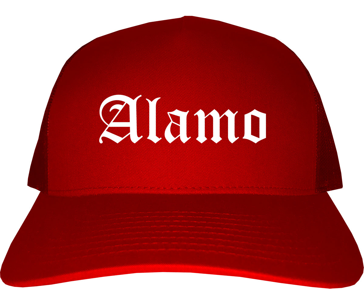 Alamo Texas TX Old English Mens Trucker Hat Cap Red