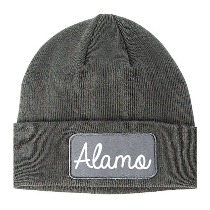 Alamo Texas TX Script Mens Knit Beanie Hat Cap Grey