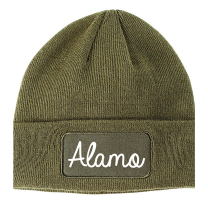 Alamo Texas TX Script Mens Knit Beanie Hat Cap Olive Green