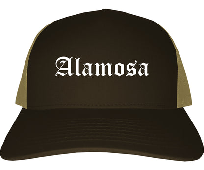 Alamosa Colorado CO Old English Mens Trucker Hat Cap Brown