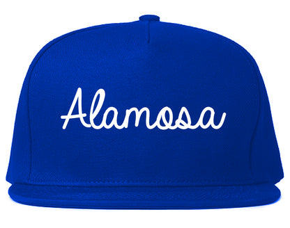 Alamosa Colorado CO Script Mens Snapback Hat Royal Blue