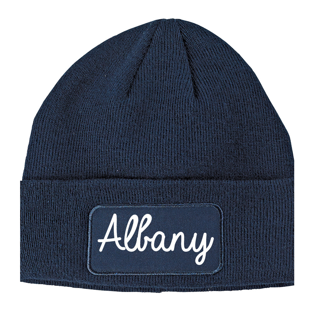 Albany California CA Script Mens Knit Beanie Hat Cap Navy Blue