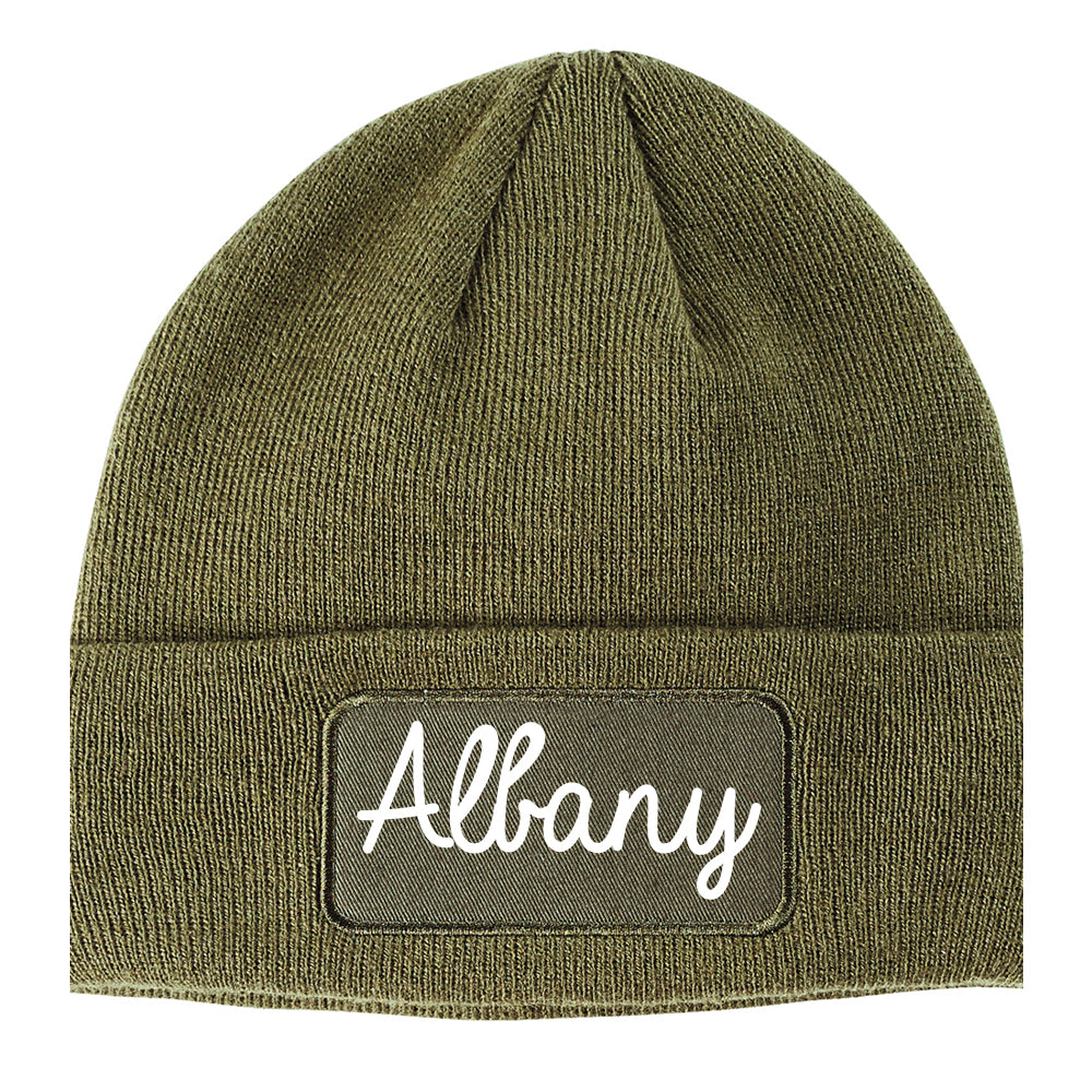 Albany California CA Script Mens Knit Beanie Hat Cap Olive Green