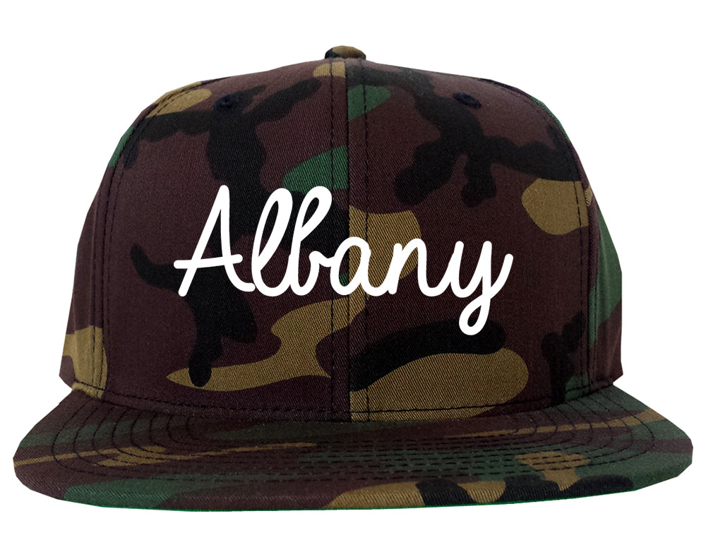 Albany California CA Script Mens Snapback Hat Army Camo