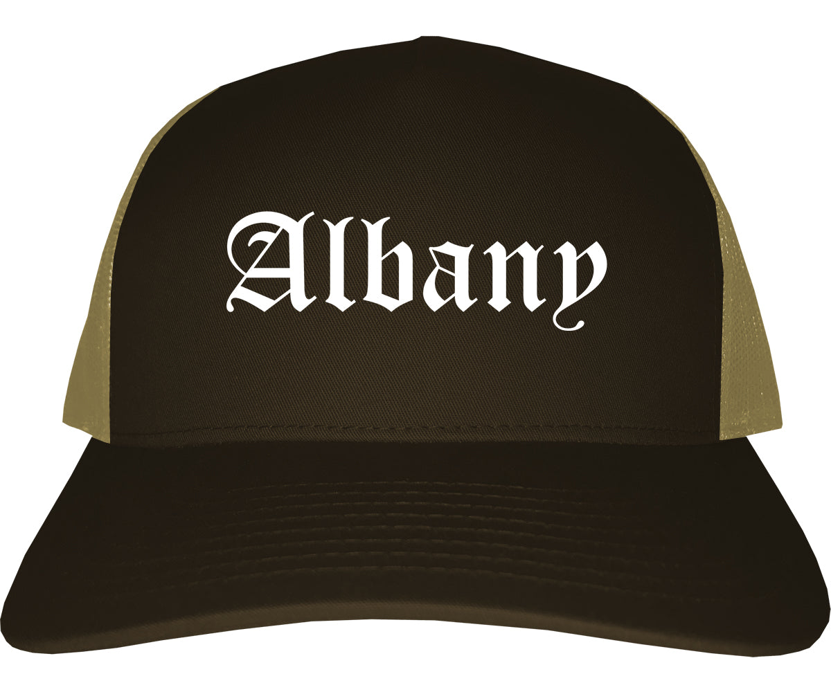 Albany New York NY Old English Mens Trucker Hat Cap Brown