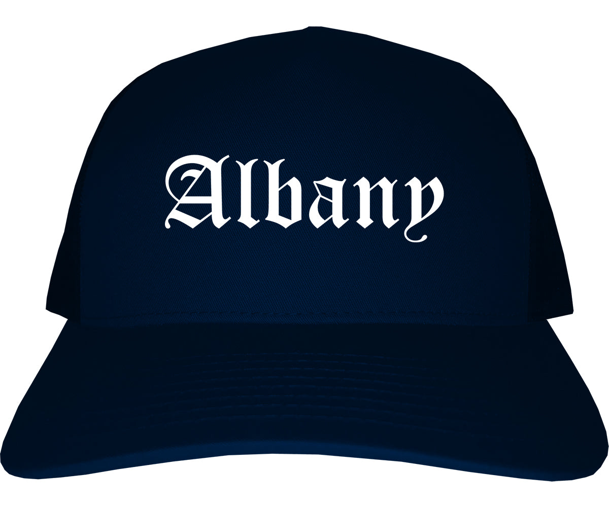 Albany New York NY Old English Mens Trucker Hat Cap Navy Blue