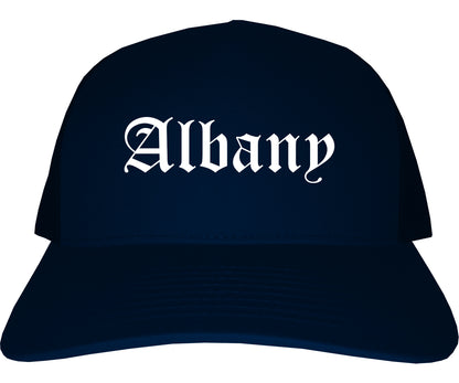 Albany New York NY Old English Mens Trucker Hat Cap Navy Blue
