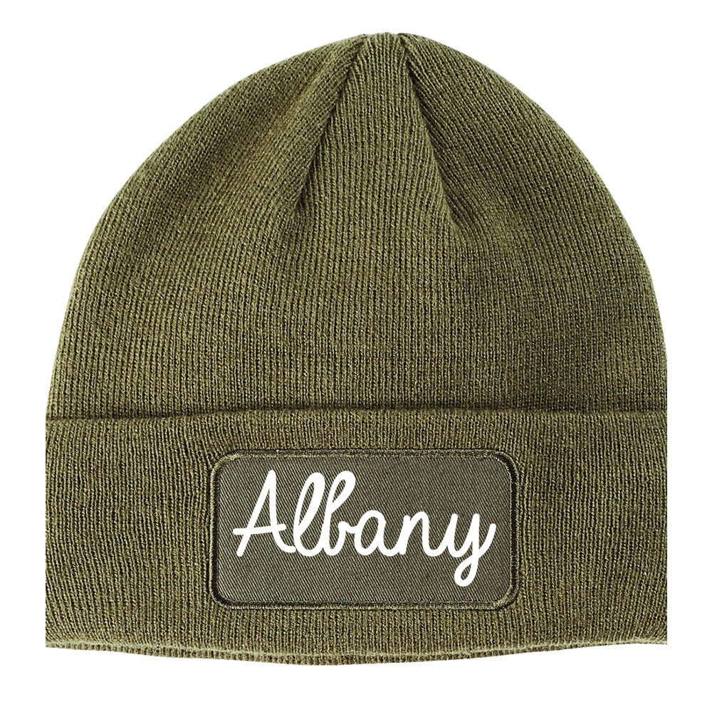Albany New York NY Script Mens Knit Beanie Hat Cap Olive Green