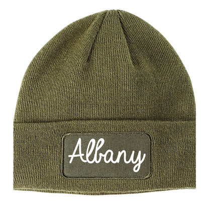 Albany New York NY Script Mens Knit Beanie Hat Cap Olive Green