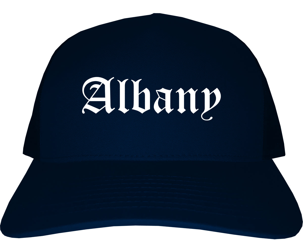 Albany Oregon OR Old English Mens Trucker Hat Cap Navy Blue