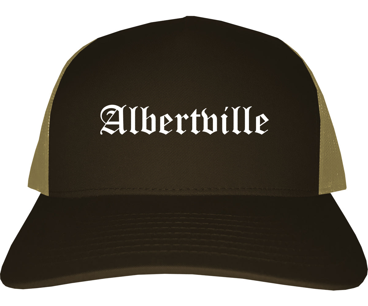 Albertville Minnesota MN Old English Mens Trucker Hat Cap Brown