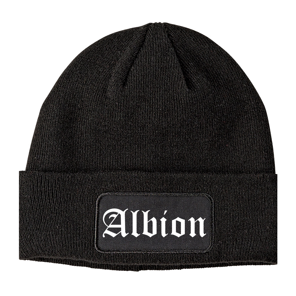 Albion Michigan MI Old English Mens Knit Beanie Hat Cap Black