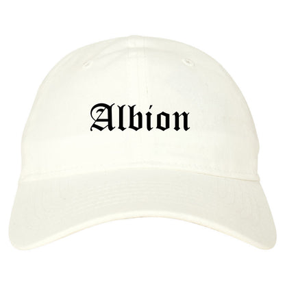 Albion Michigan MI Old English Mens Dad Hat Baseball Cap White