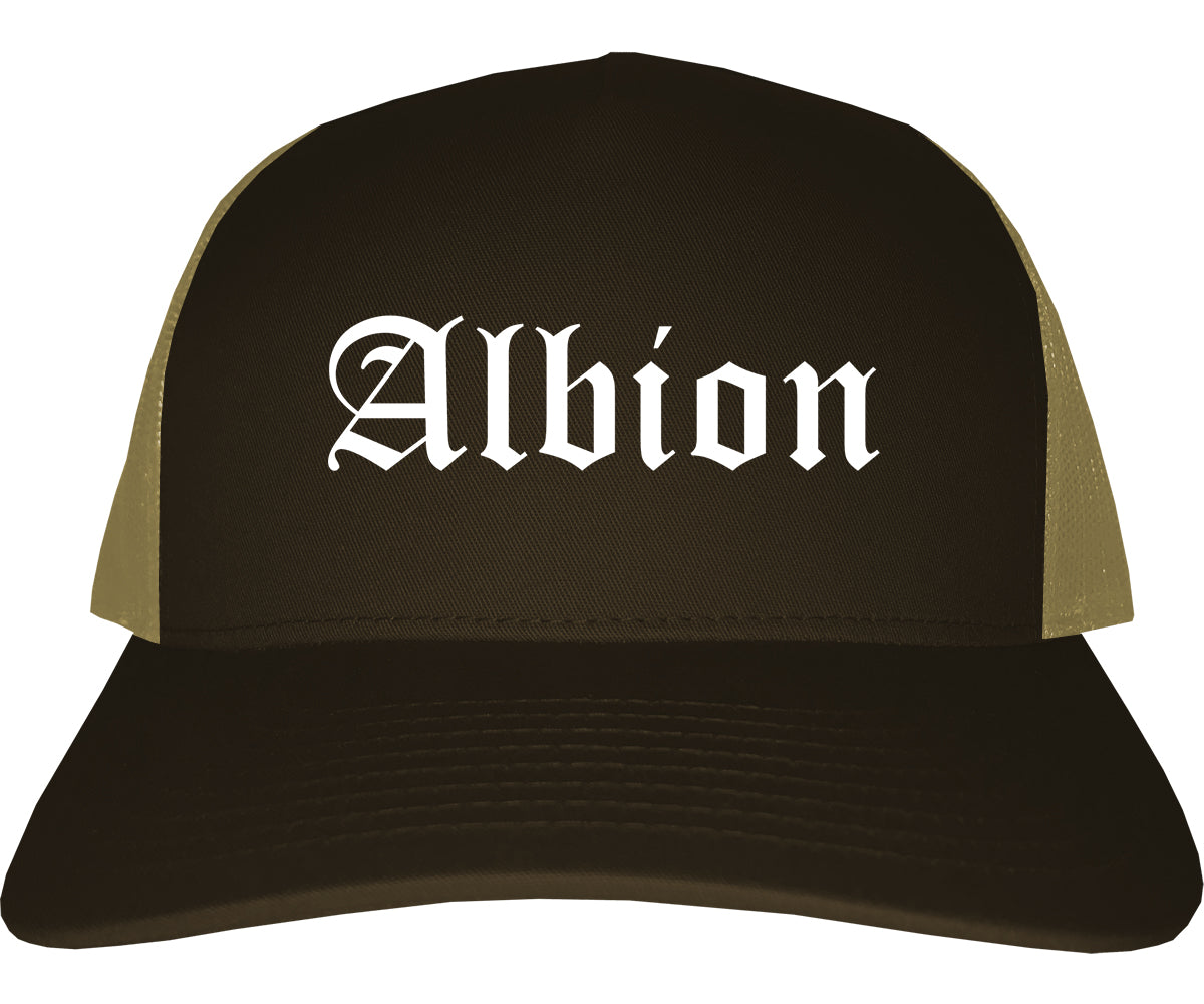 Albion Michigan MI Old English Mens Trucker Hat Cap Brown