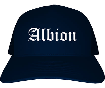 Albion Michigan MI Old English Mens Trucker Hat Cap Navy Blue