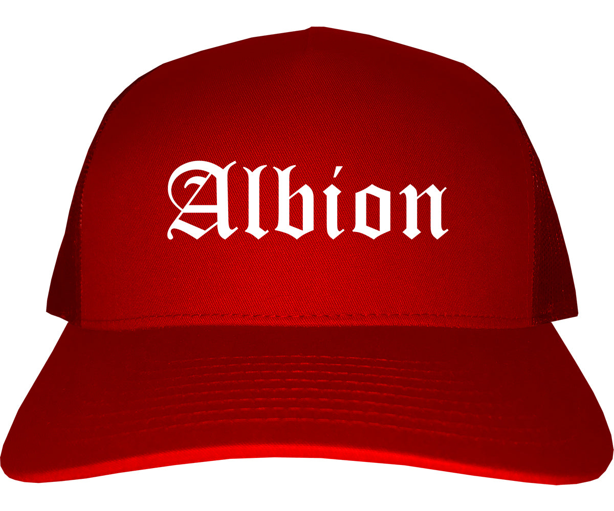 Albion Michigan MI Old English Mens Trucker Hat Cap Red