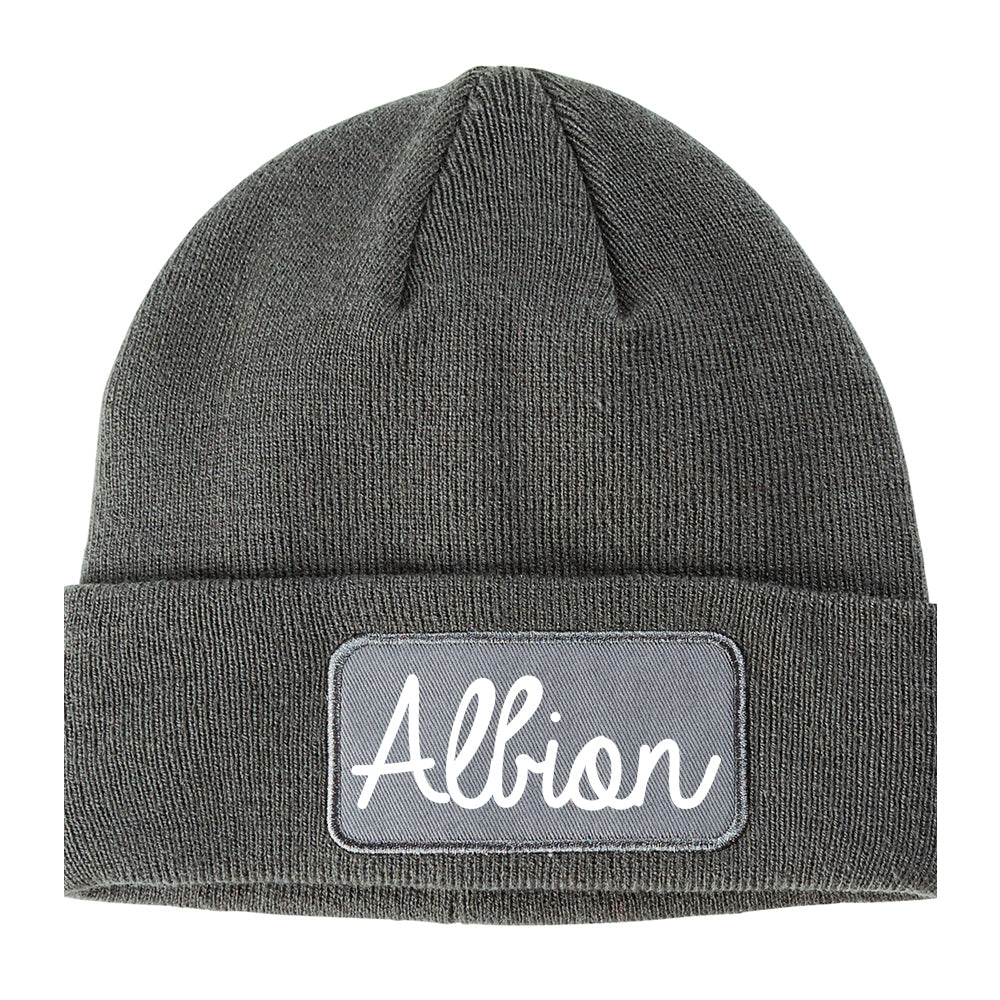 Albion Michigan MI Script Mens Knit Beanie Hat Cap Grey