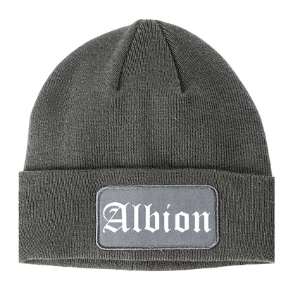 Albion New York NY Old English Mens Knit Beanie Hat Cap Grey