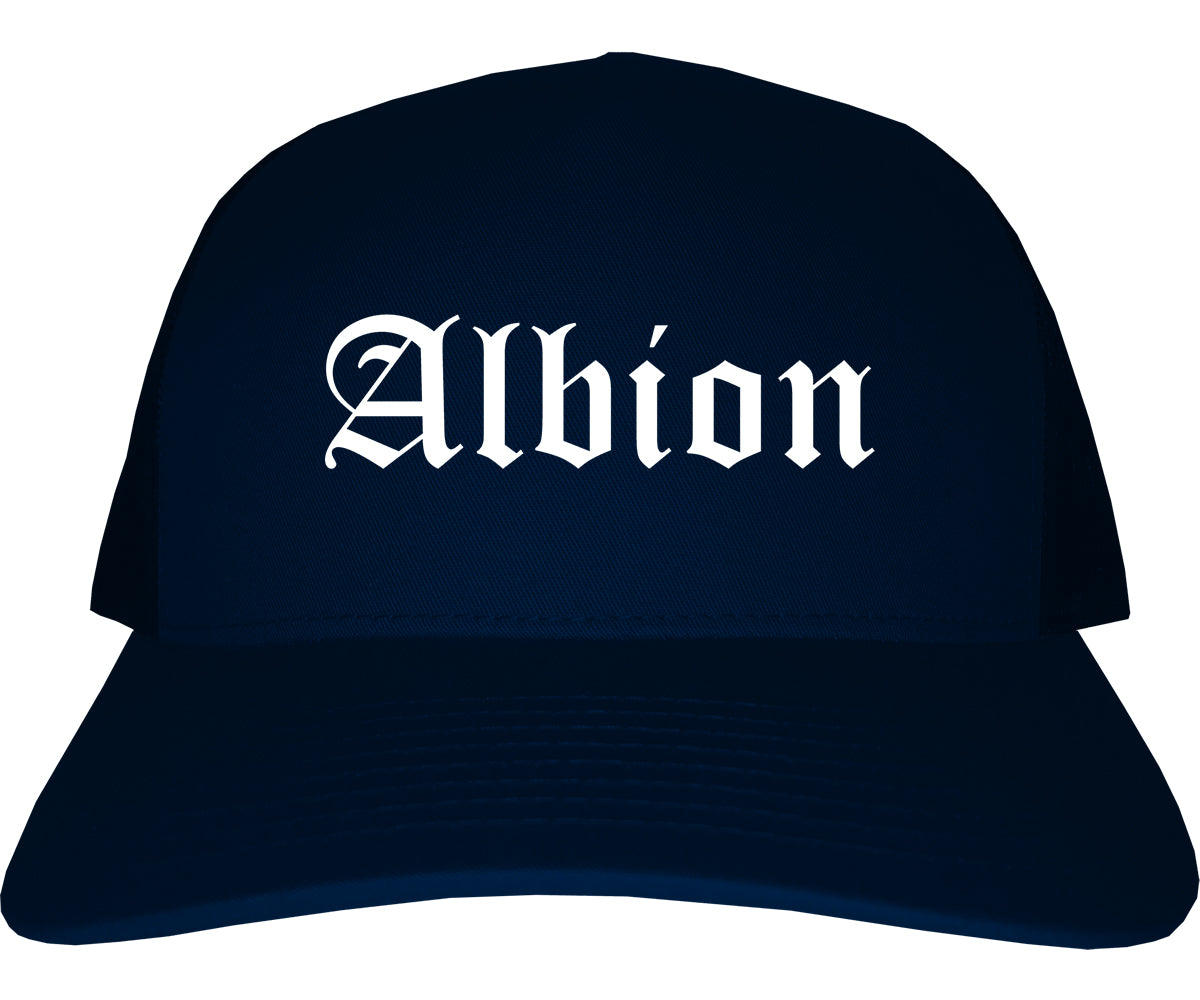 Albion New York NY Old English Mens Trucker Hat Cap Navy Blue