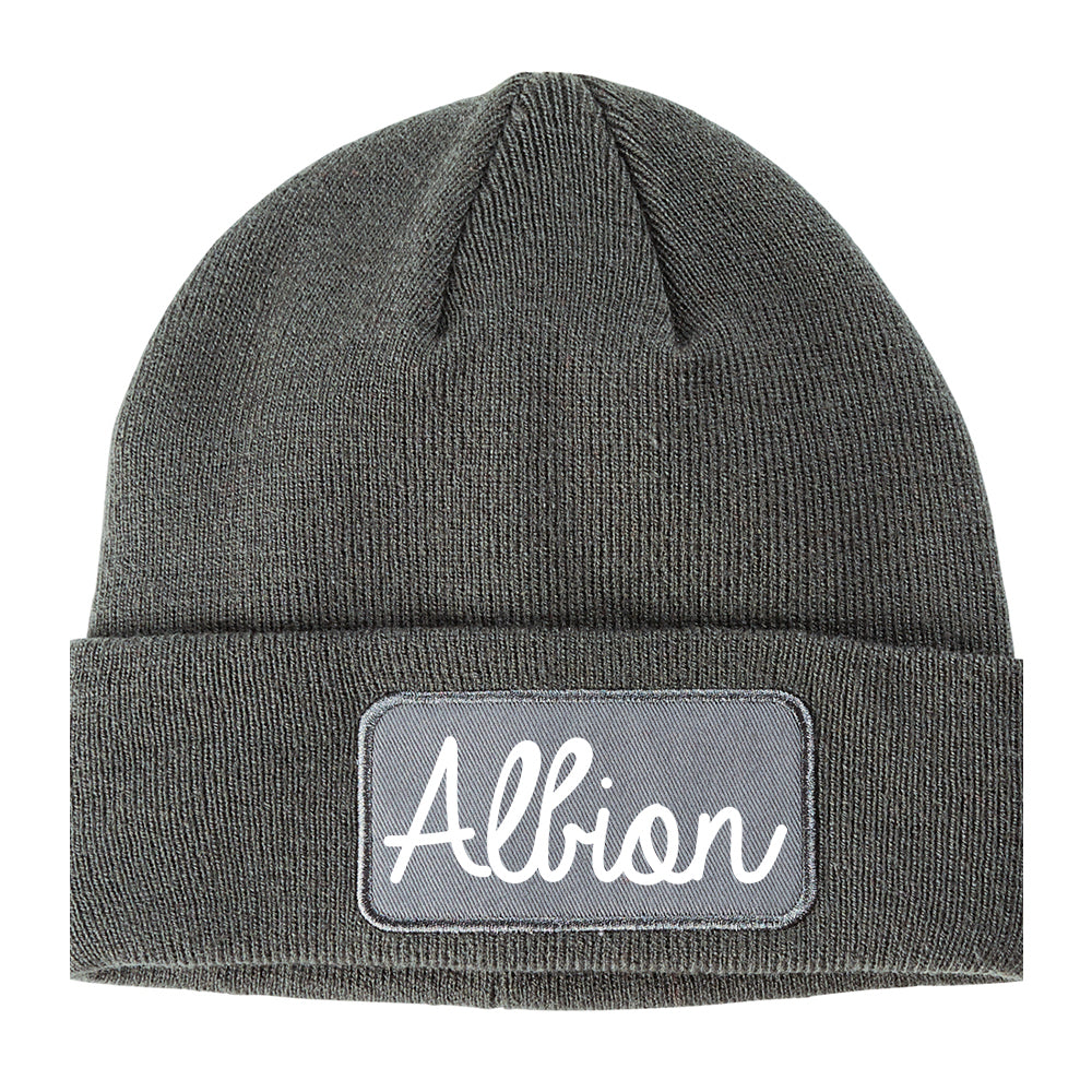 Albion New York NY Script Mens Knit Beanie Hat Cap Grey