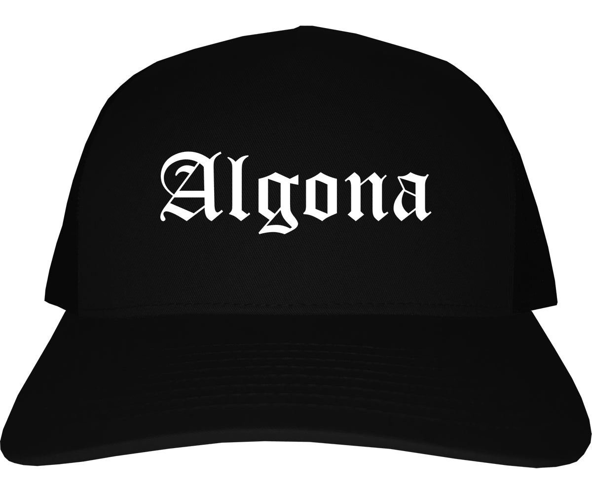 Algona Iowa IA Old English Mens Trucker Hat Cap Black