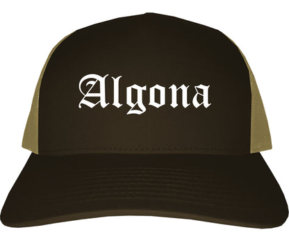 Algona Iowa IA Old English Mens Trucker Hat Cap Brown