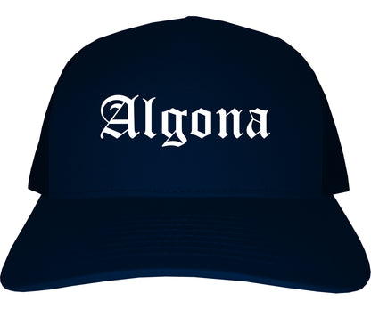 Algona Iowa IA Old English Mens Trucker Hat Cap Navy Blue