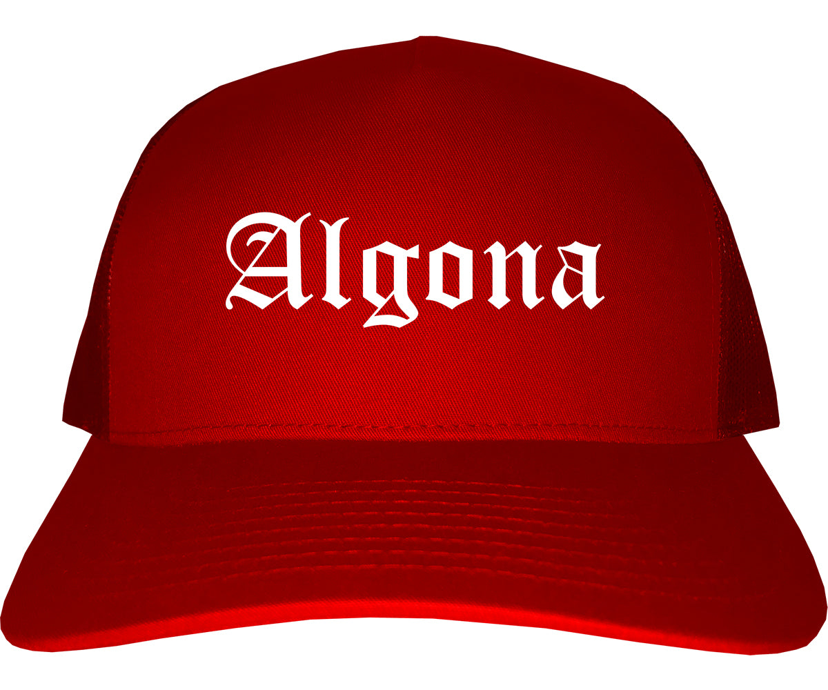 Algona Iowa IA Old English Mens Trucker Hat Cap Red
