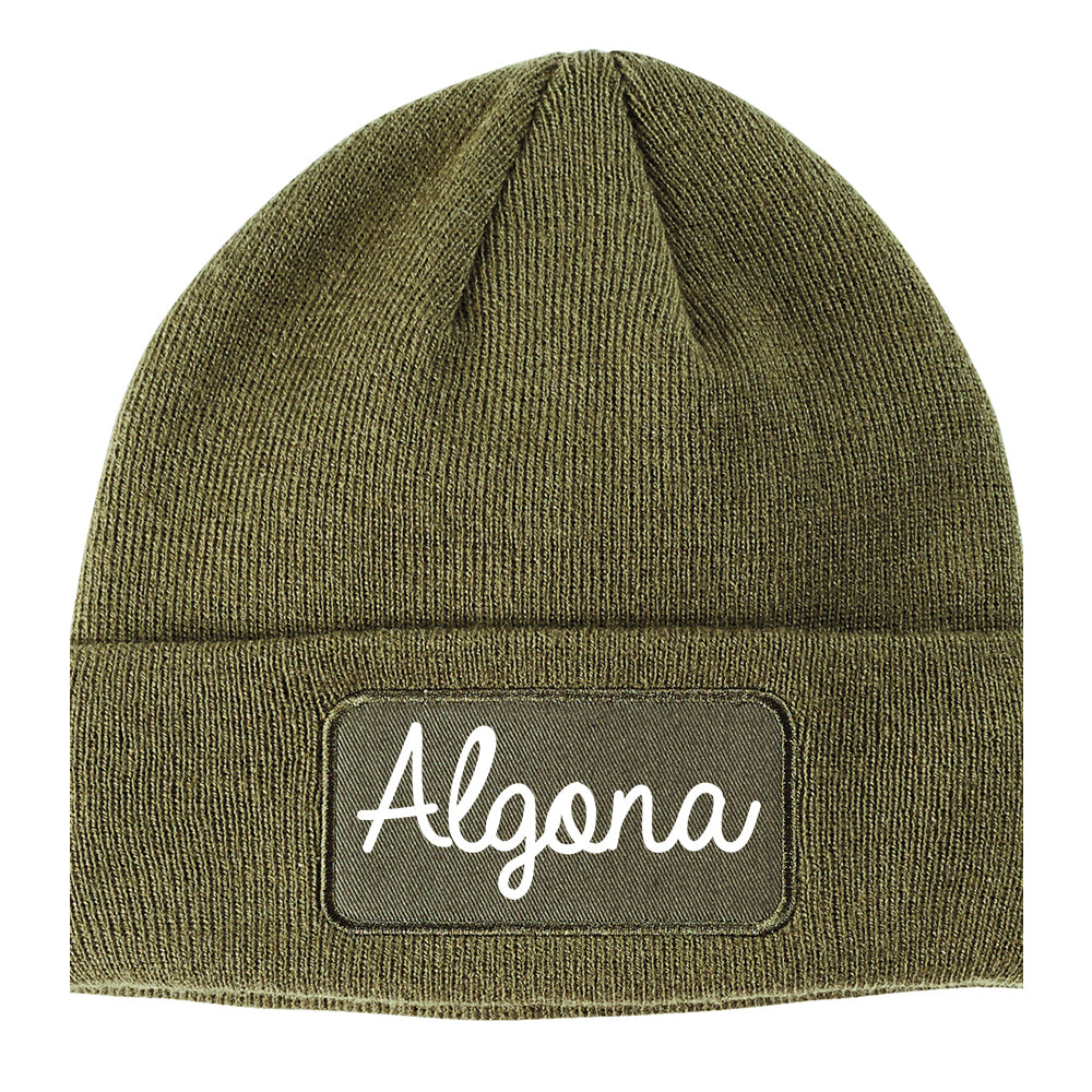 Algona Iowa IA Script Mens Knit Beanie Hat Cap Olive Green