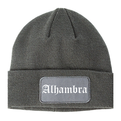 Alhambra California CA Old English Mens Knit Beanie Hat Cap Grey