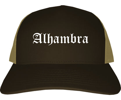 Alhambra California CA Old English Mens Trucker Hat Cap Brown