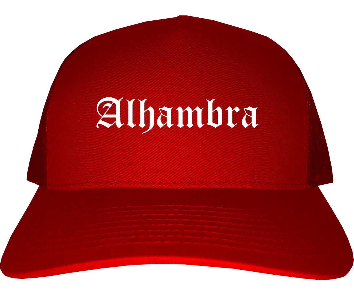 Alhambra California CA Old English Mens Trucker Hat Cap Red