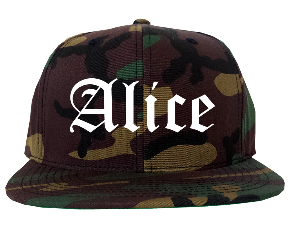 Alice Texas TX Old English Mens Snapback Hat Army Camo