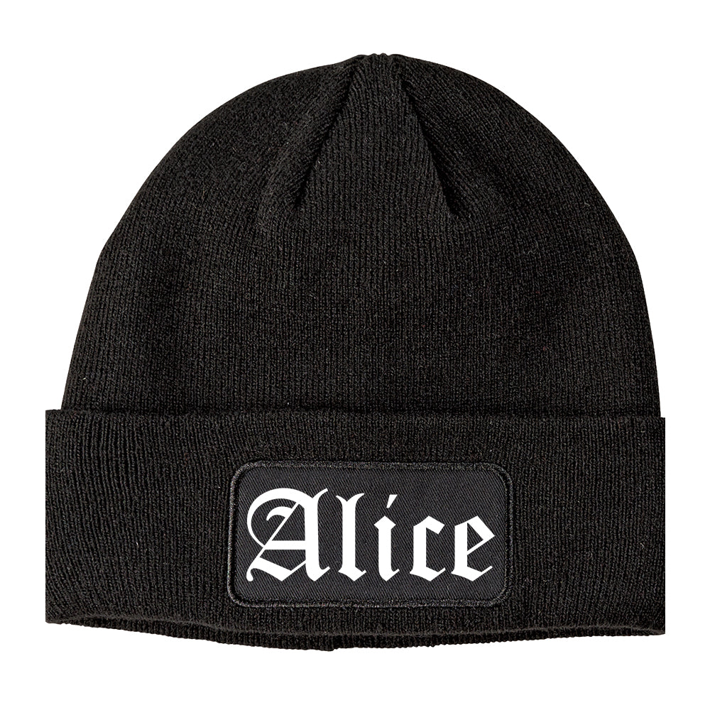 Alice Texas TX Old English Mens Knit Beanie Hat Cap Black